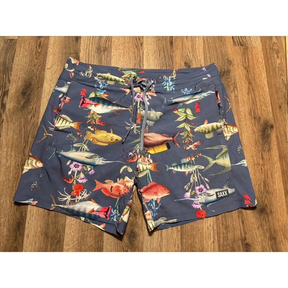 SAXX Swim Trunks Mens 36 Blue Fish Print Board Shorts Excellent Used Condition